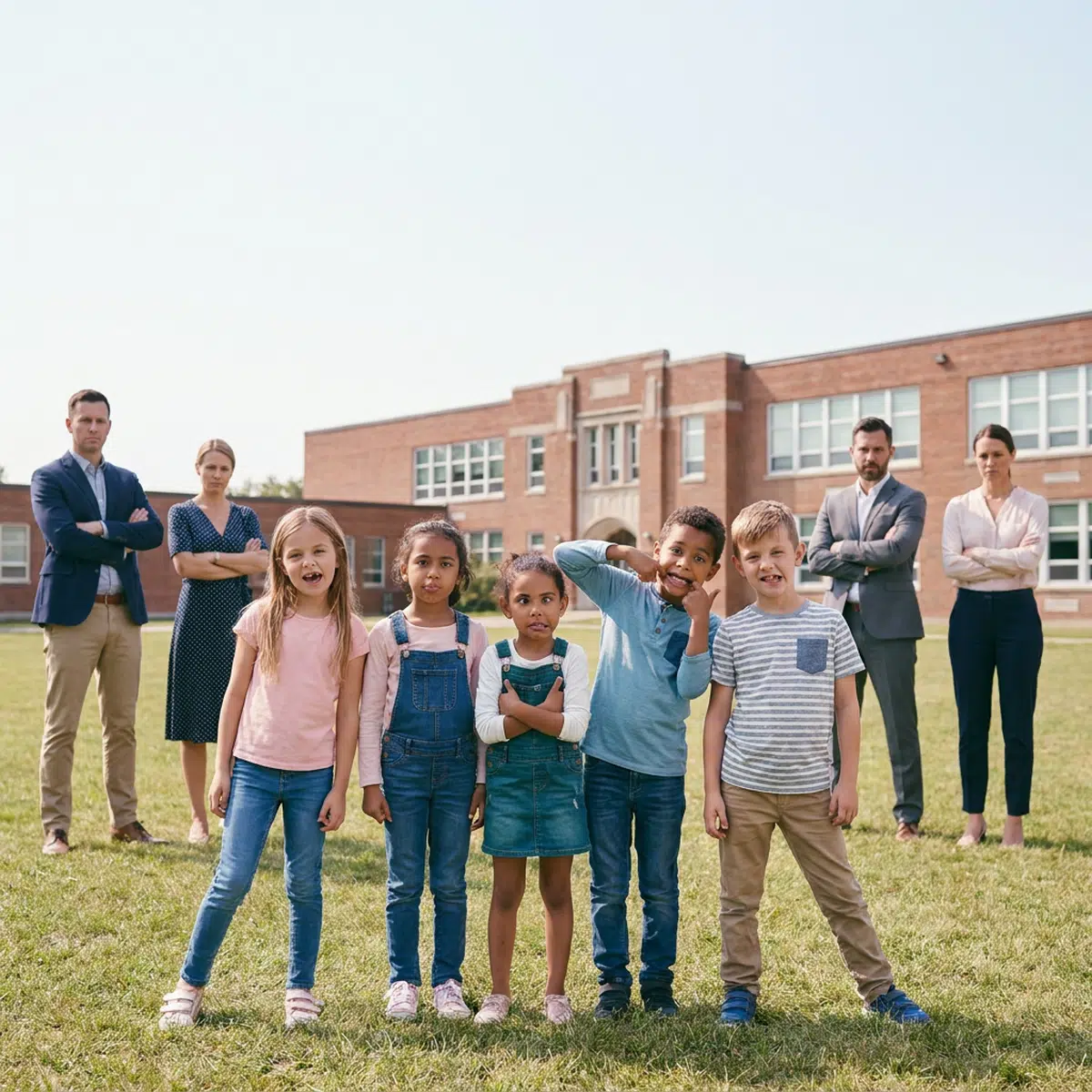 Дети и учителя перед школой