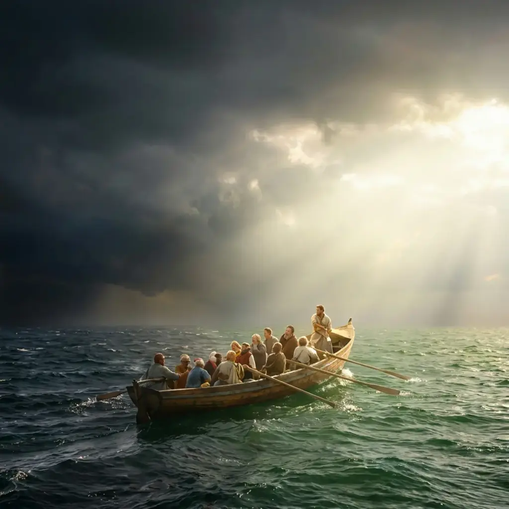 Лодка с людьми плывёт по морю