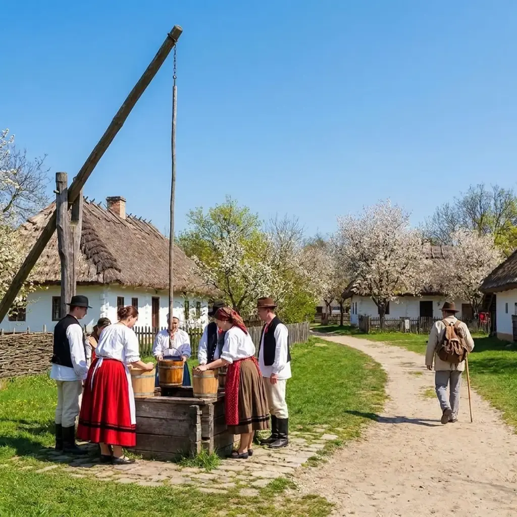 Люди у колодца в деревне